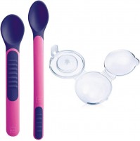 Mam Heat Sensitive Spoons & Cover, Posate Svezzamento Che Cambiano Colore con Il Calore, Rosa